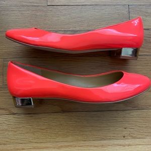 J. Crew neon orange with metallic gold block heel